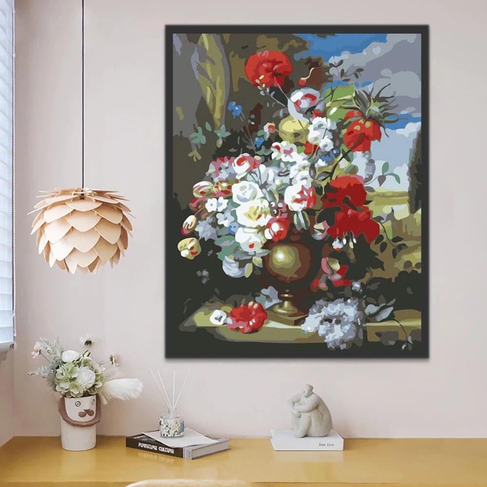 Ramo de Flores Coloridas en Florero Dorado Pintar por Números