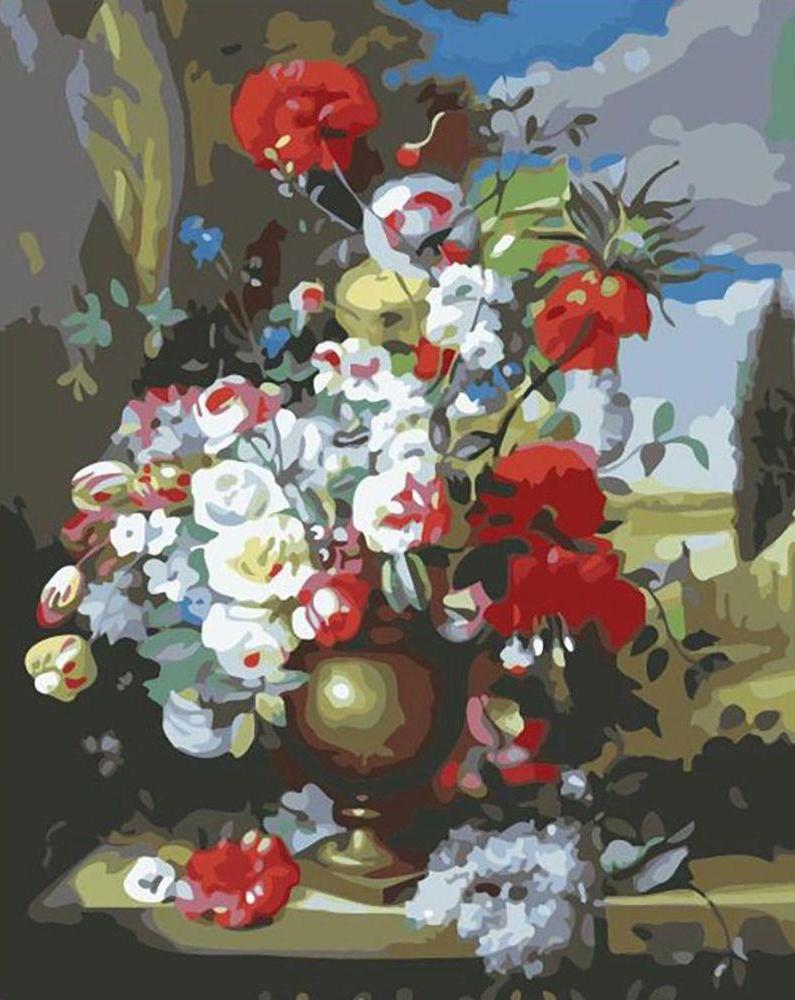 Ramo de Flores Coloridas en Florero Dorado Pintar por Números