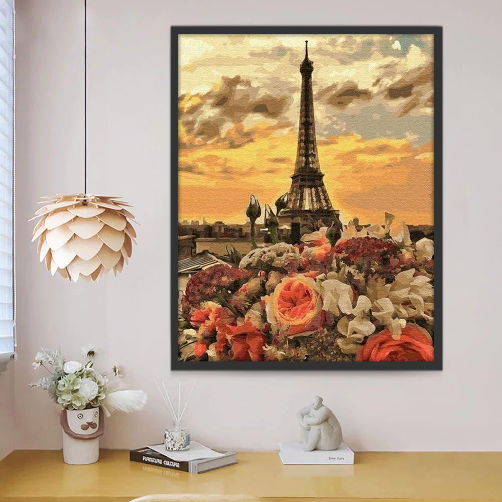 Ramo de Flores con Fondo de Torre Eiffel al Atardecer Pintar por Números