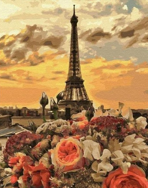 Ramo de Flores con Fondo de Torre Eiffel al Atardecer Pintar por Números