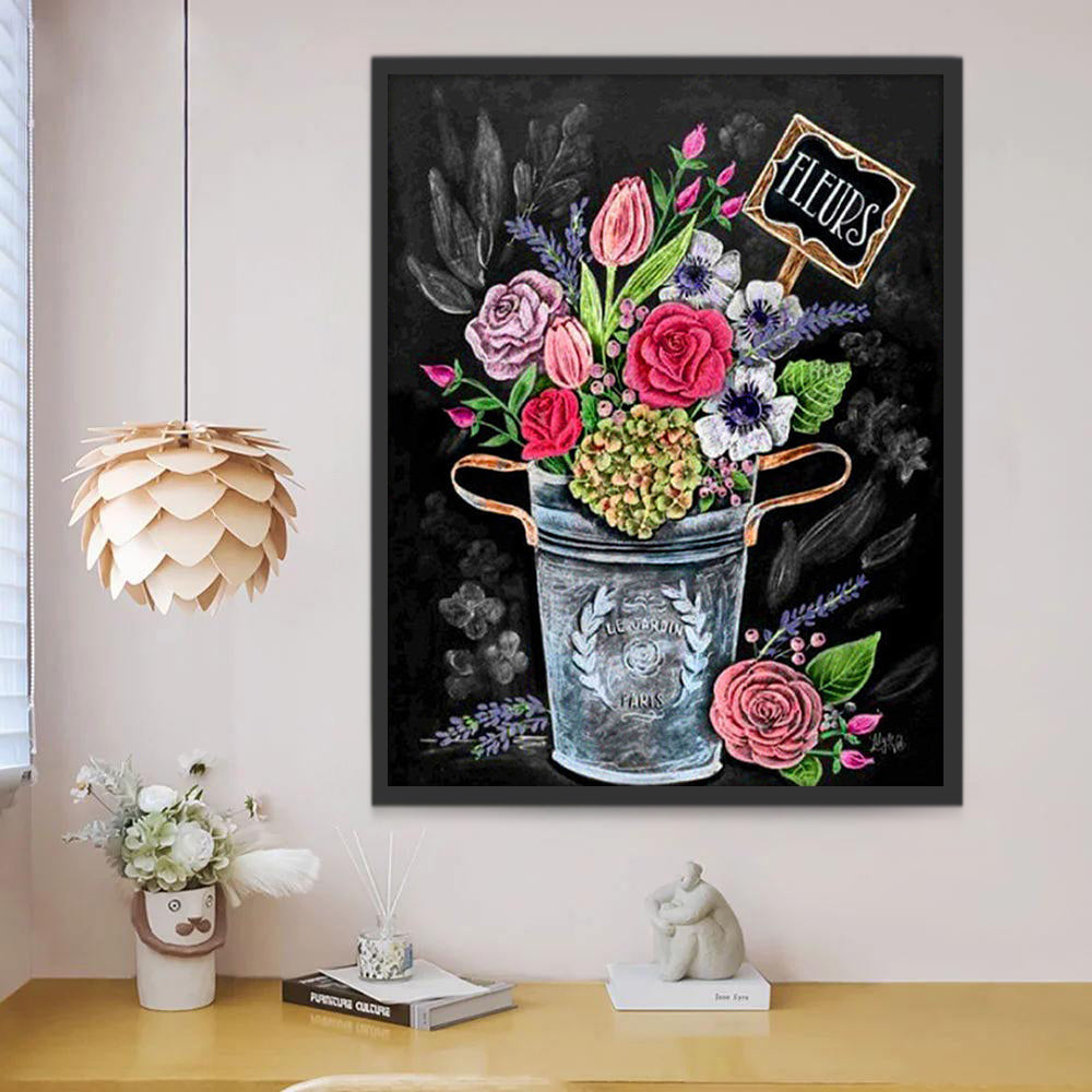 Ramo de Flores en Cubo de Agua con Fondo Negro Pintar por Números