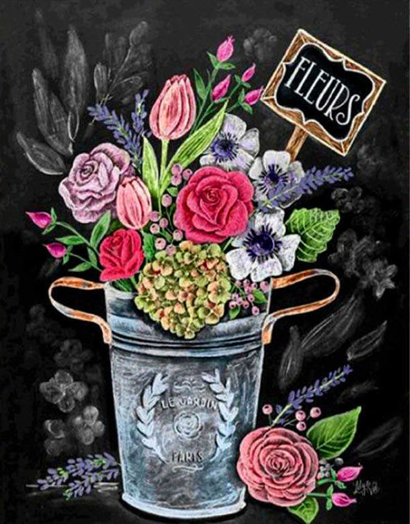 Ramo de Flores en Cubo de Agua con Fondo Negro Pintar por Números