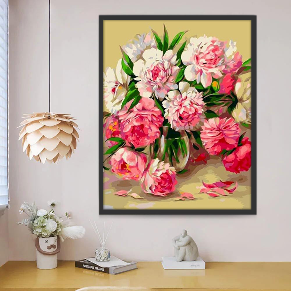 Ramo de Flores en Florero de Vidrio y Pétalos Caídos Pintar por Números