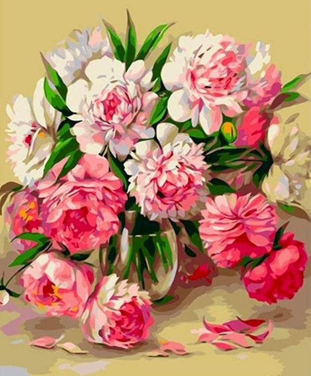 Ramo de Flores en Florero de Vidrio y Pétalos Caídos Pintar por Números