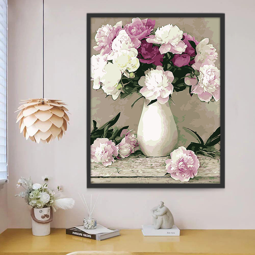 Ramo de Flores Moradas y Blancas en Florero Blanco Pintar por Números