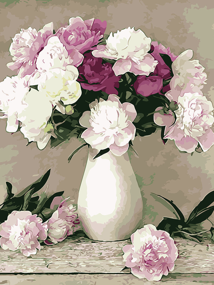 Ramo de Flores Moradas y Blancas en Florero Blanco Pintar por Números