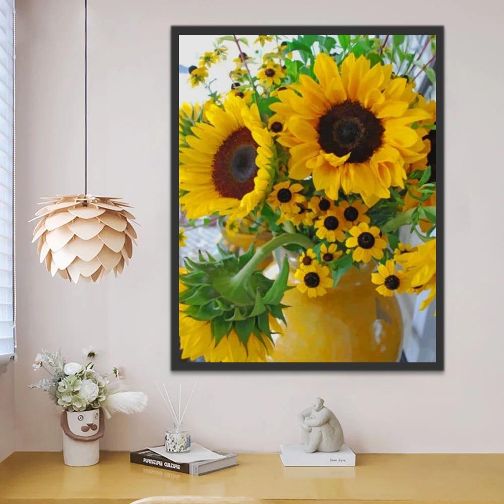Ramo de Girasoles en Florero Amarillo Pintar por Números