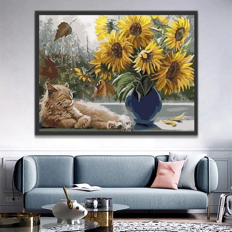 Ramo de Girasoles en Jarrón Azul con Gato Lindo Pintar por Números