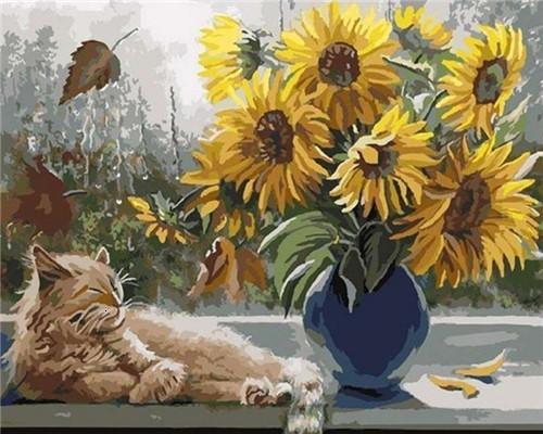 Ramo de Girasoles en Jarrón Azul con Gato Lindo Pintar por Números