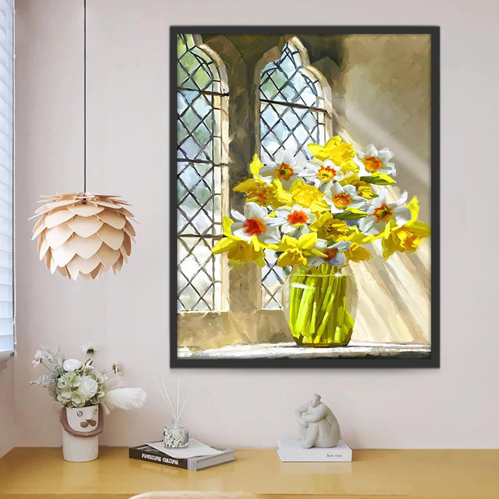 Ramo de Narcisos en Florero sobre Alféizar al Sol Pintar por Números