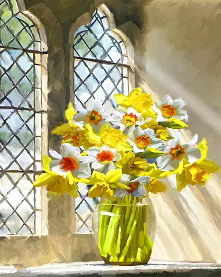 Ramo de Narcisos en Florero sobre Alféizar al Sol Pintar por Números
