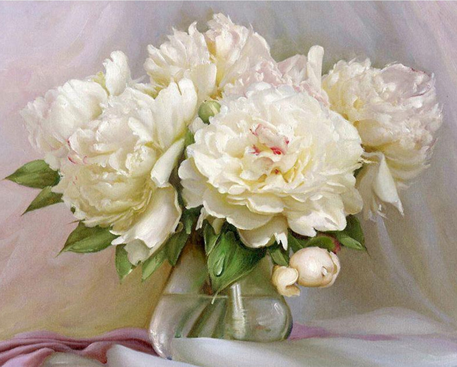 Ramo de Peonías Blancas en Florero de Vidrio Pintar por Números