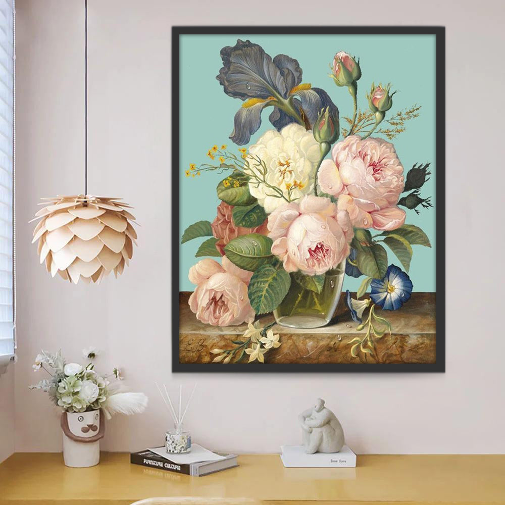 Ramo de Peonías E Iris en Florero de Cristal Pintar por Números