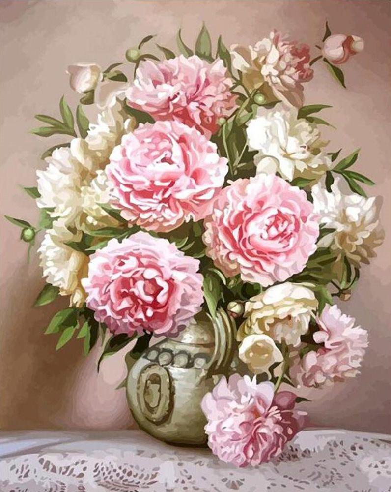 Ramo de Peonías en Florero Redondo con Fondo Claro Pintar por Números