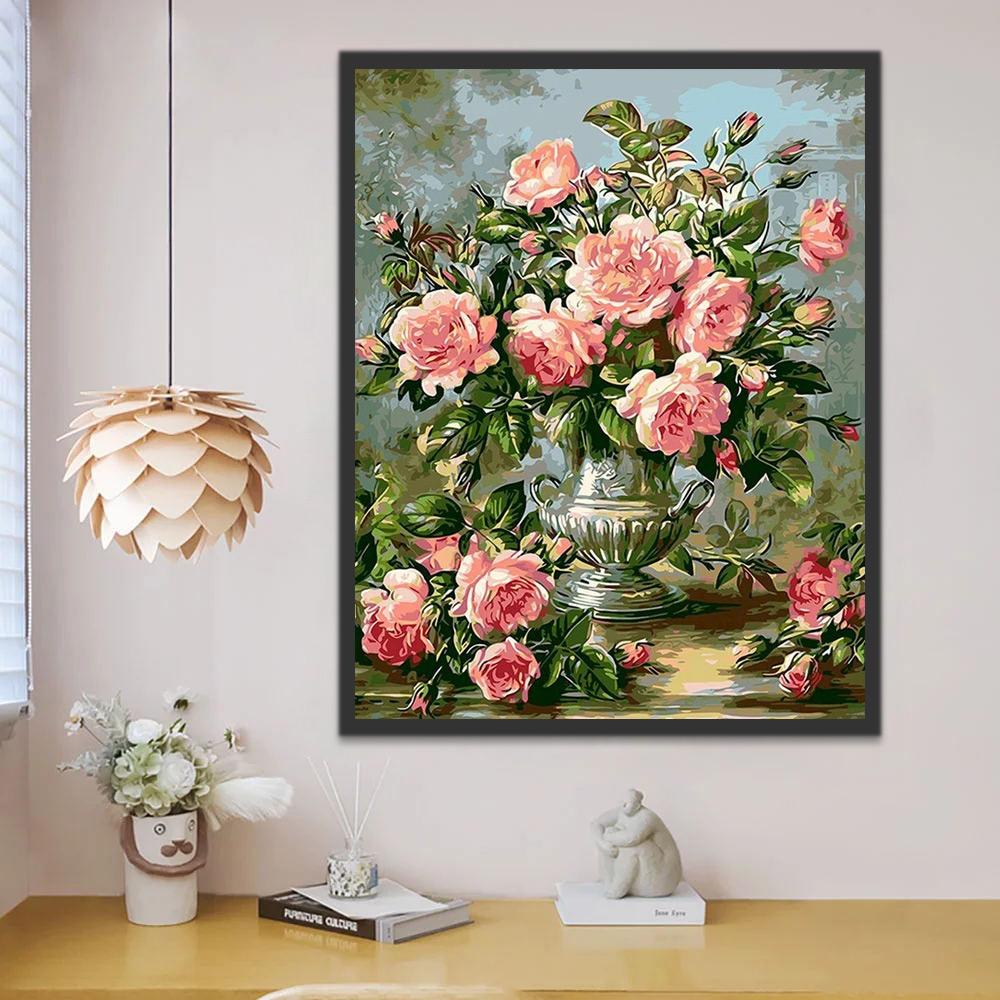 Ramo de Peonías Rosadas en Florero de Plata Pintar por Números