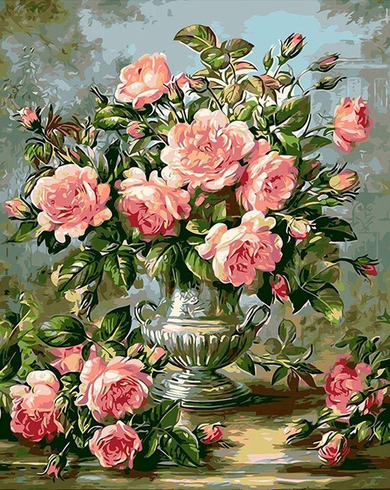 Ramo de Peonías Rosadas en Florero de Plata Pintar por Números