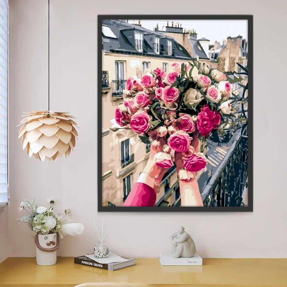 Ramo de Rosas en las Manos con Fondo de Edificios Pintar por Números