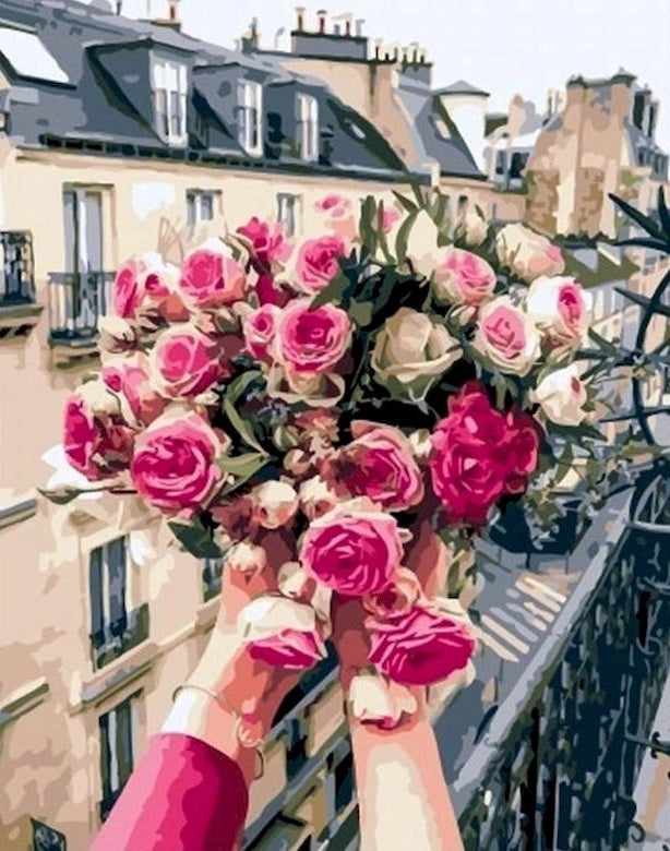 Ramo de Rosas en las Manos con Fondo de Edificios Pintar por Números