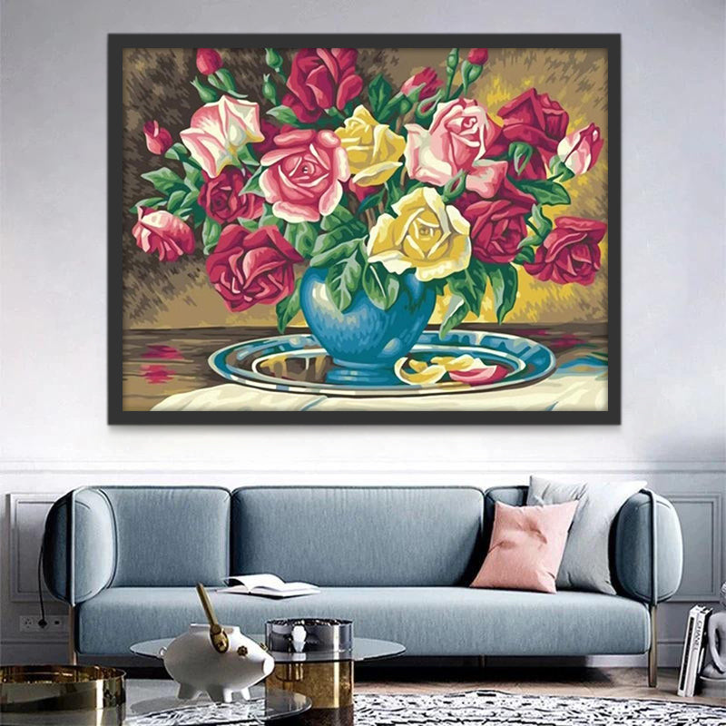 Ramo de Rosas Hermosas en Florero Azul Pintar por Números