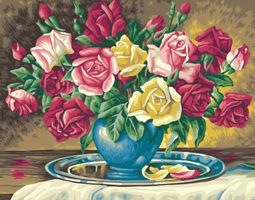 Ramo de Rosas Hermosas en Florero Azul Pintar por Números