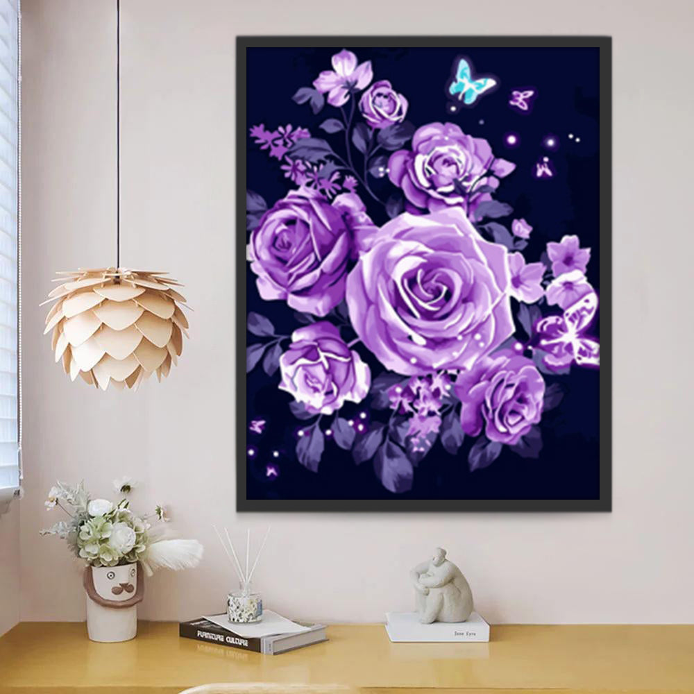 Ramo de Rosas Moradas con Mariposas Azules Pintar por Números
