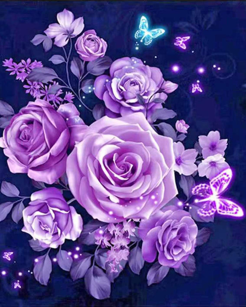 Ramo de Rosas Moradas con Mariposas Azules Pintar por Números