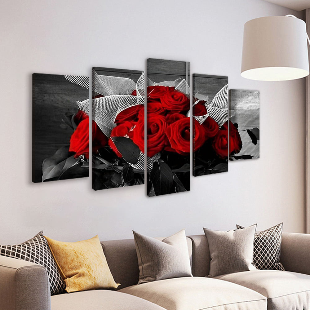 Ramo de Rosas Rojas con Fondo Gris 5 Partes Pintar por Números