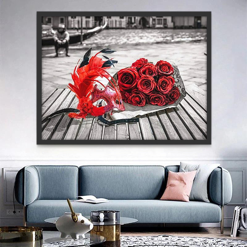 Ramo de Rosas Rojas y  Máscara Roja de Fiesta Pintar por Números