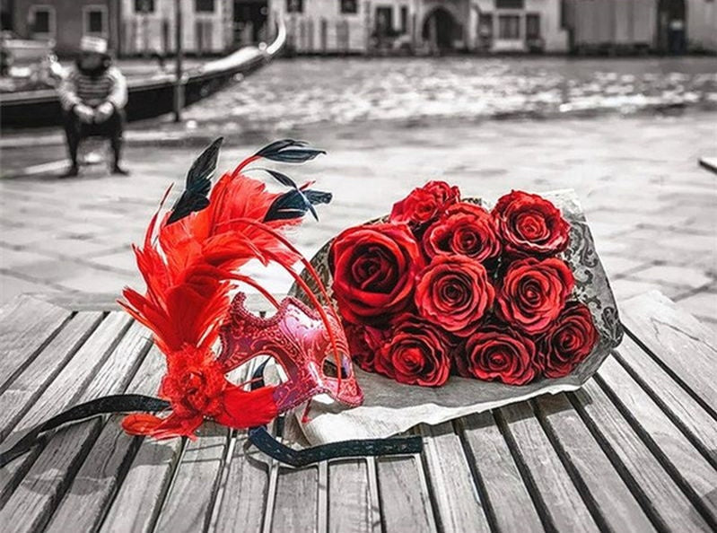 Ramo de Rosas Rojas y  Máscara Roja de Fiesta Pintar por Números