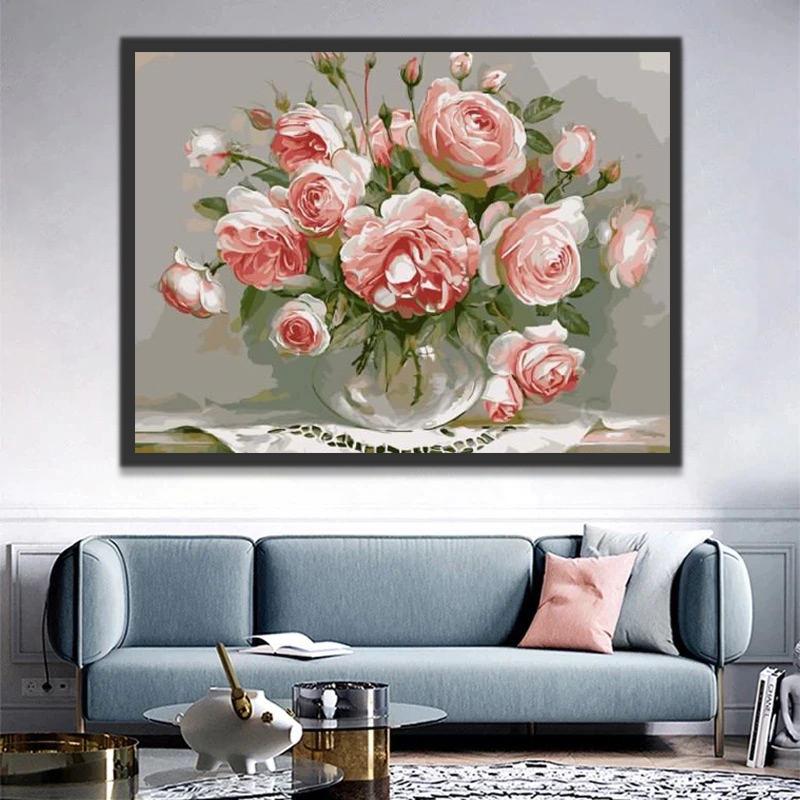 Ramo de Rosas Rosadas en Florero de Cristal al Sol Pintar por Números