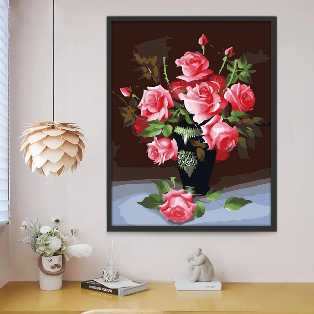 Ramo de Rosas Rosadas en Florero Negro Pintar por Números