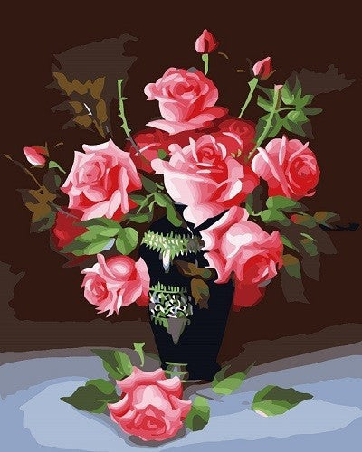Ramo de Rosas Rosadas en Florero Negro Pintar por Números