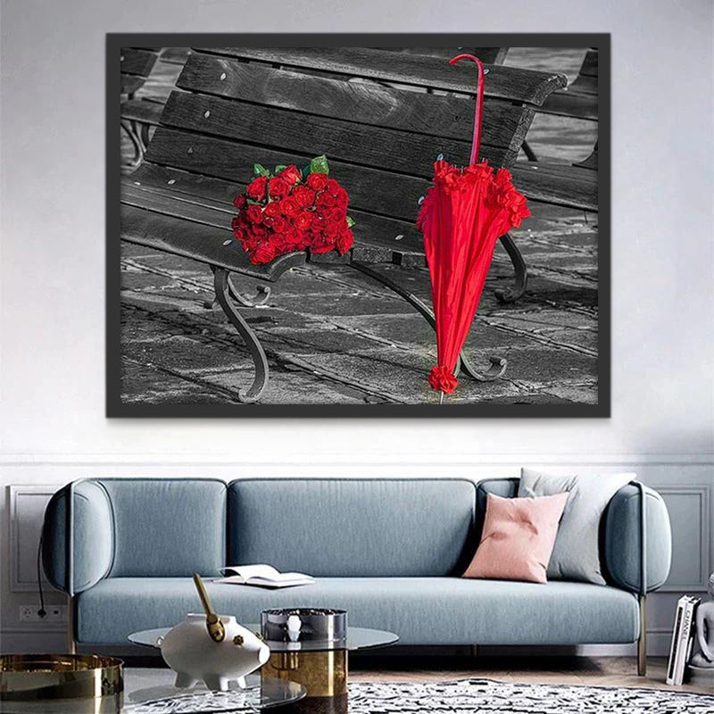 Ramo de Rosas y Paraguas Rojo sobre Banco Gris Pintar por Números