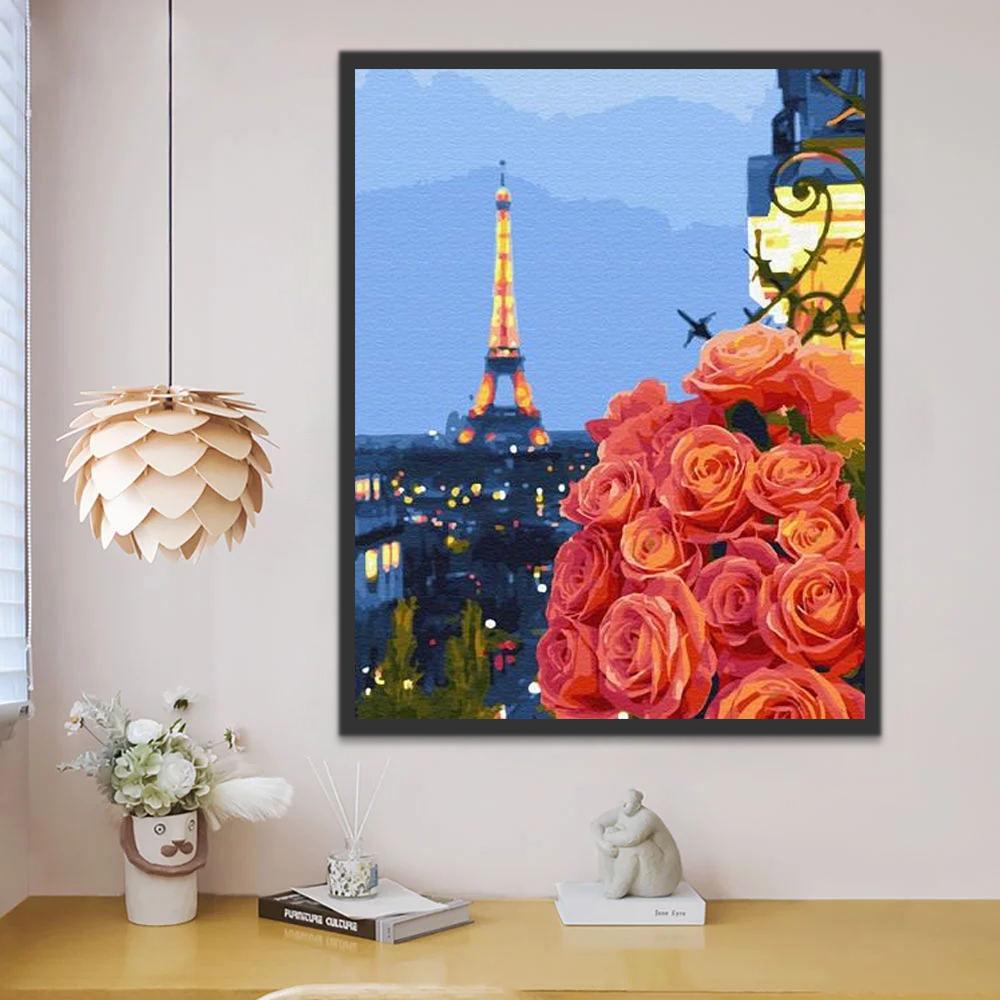 Ramo de Rosas y Torre Eiffel a lo Lejos Pintar por Números