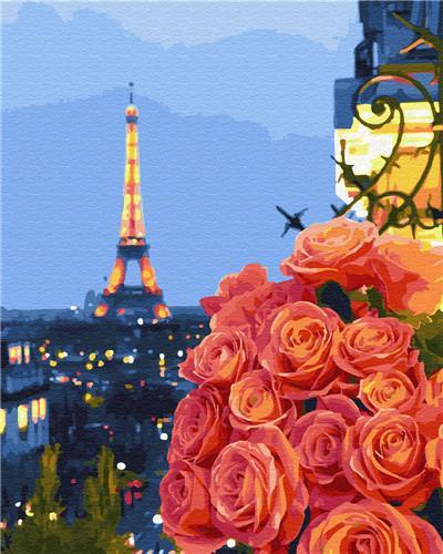 Ramo de Rosas y Torre Eiffel a lo Lejos Pintar por Números