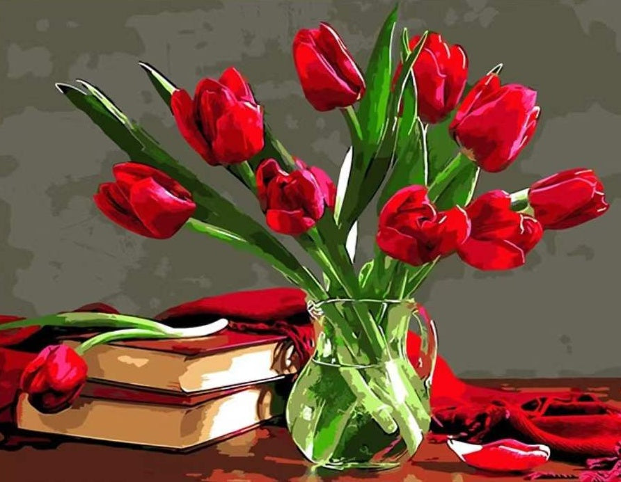 Ramo de Tulipanes Rojos sobre Mesa con Libros Pintar por Números