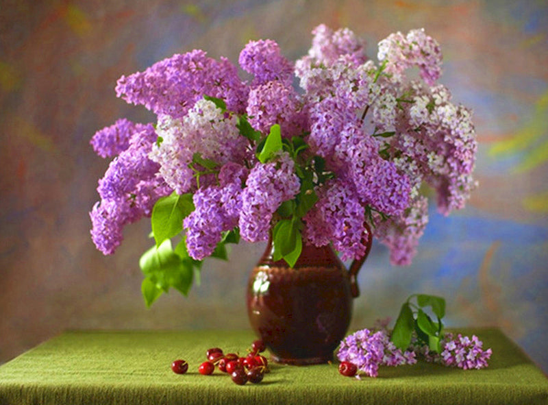 Ramo Morado y Blanco en Florero sobre Mesa Verde Pintar por Números
