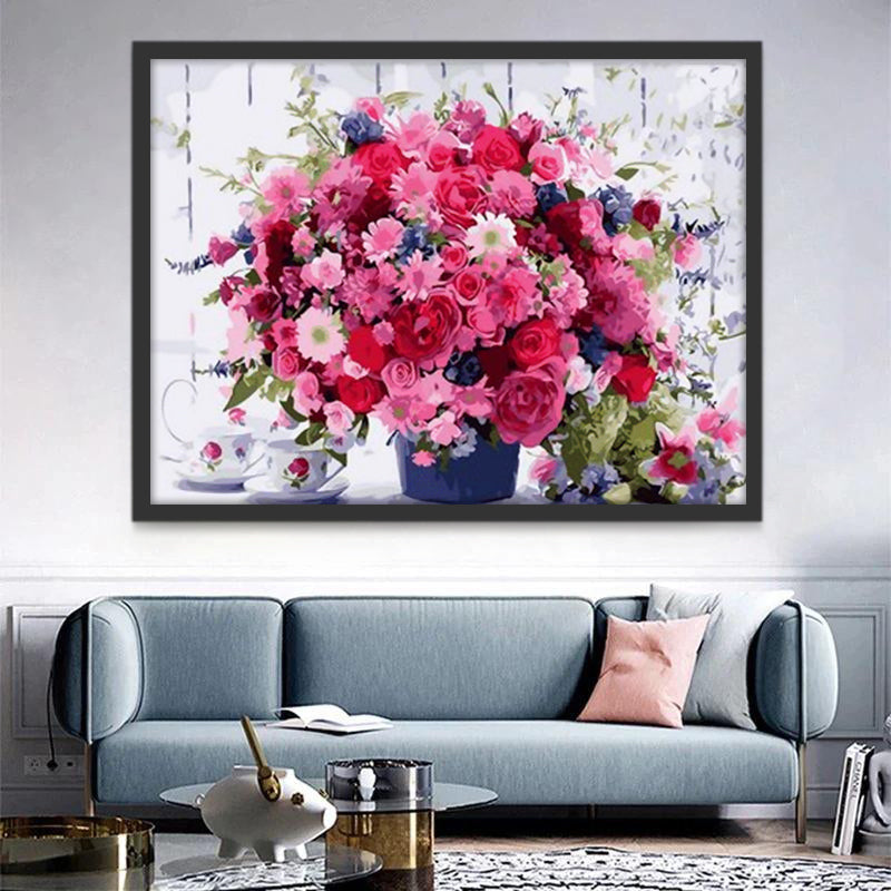 Ramo Rosado de Flores en Florero Azul Oscuro Pintar por Números