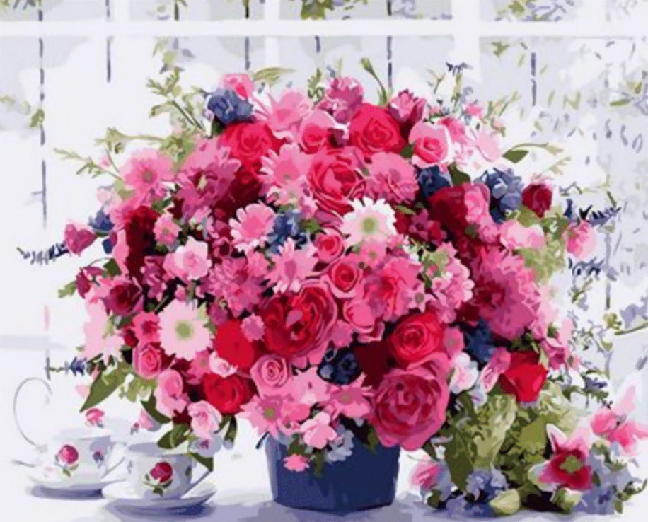 Ramo Rosado de Flores en Florero Azul Oscuro Pintar por Números