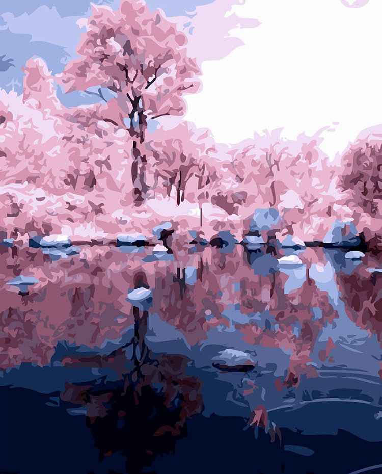 Reflejos de Árboles Rosados en el Agua Pintar por Números