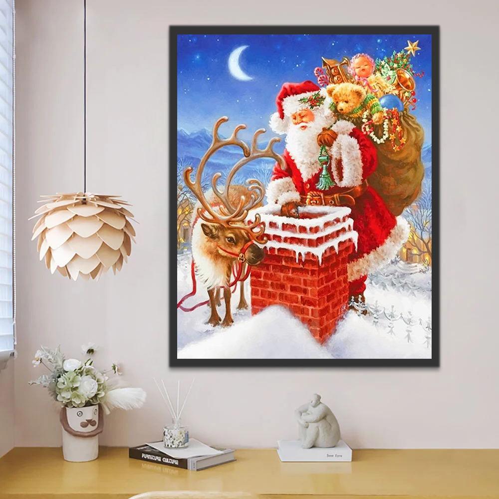 Reno y Papá Noel al Lado de Chimenea Roja Pintar por Números