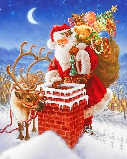 Reno y Papá Noel al Lado de Chimenea Roja Pintar por Números