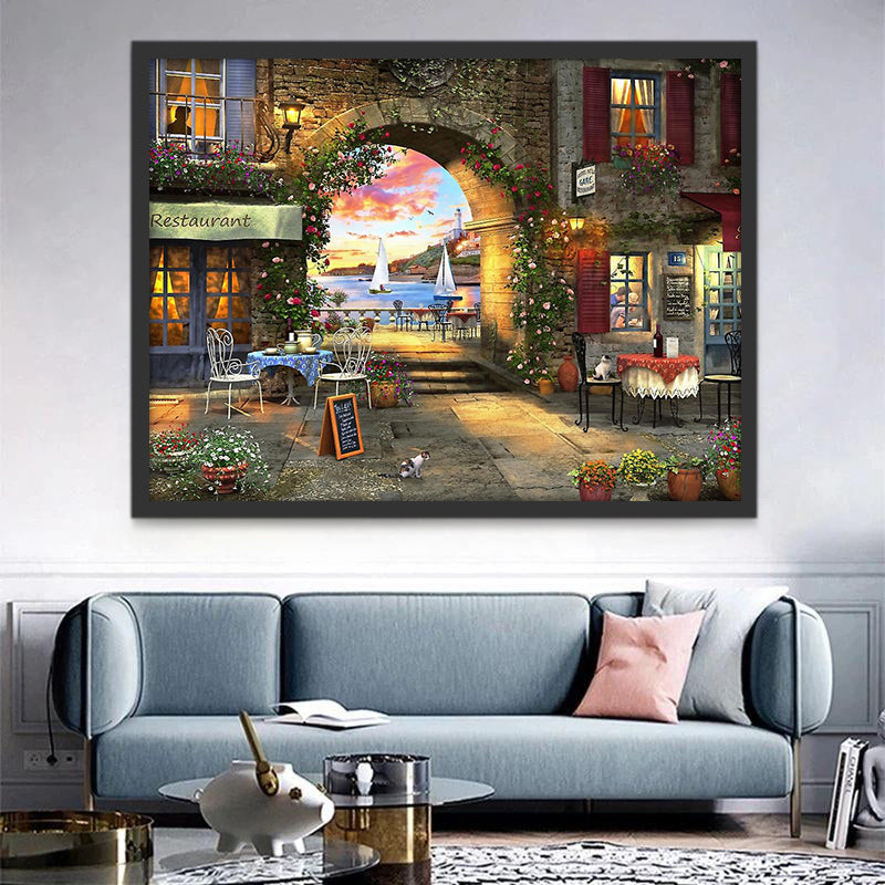 Restaurante con Flores en la Ciudad Costera Pintar por Números