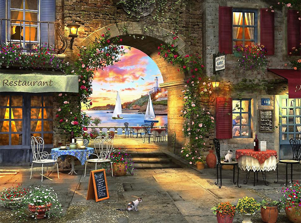 Restaurante con Flores en la Ciudad Costera Pintar por Números
