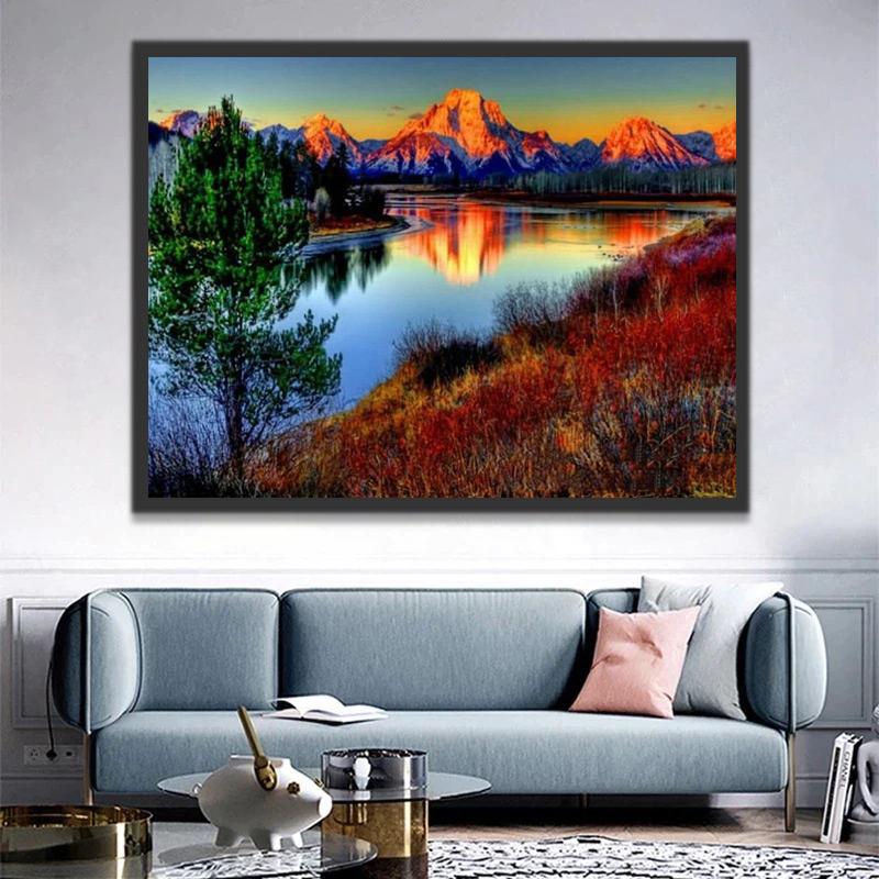 Río entre Montañas al Atardecer Pintar por Números