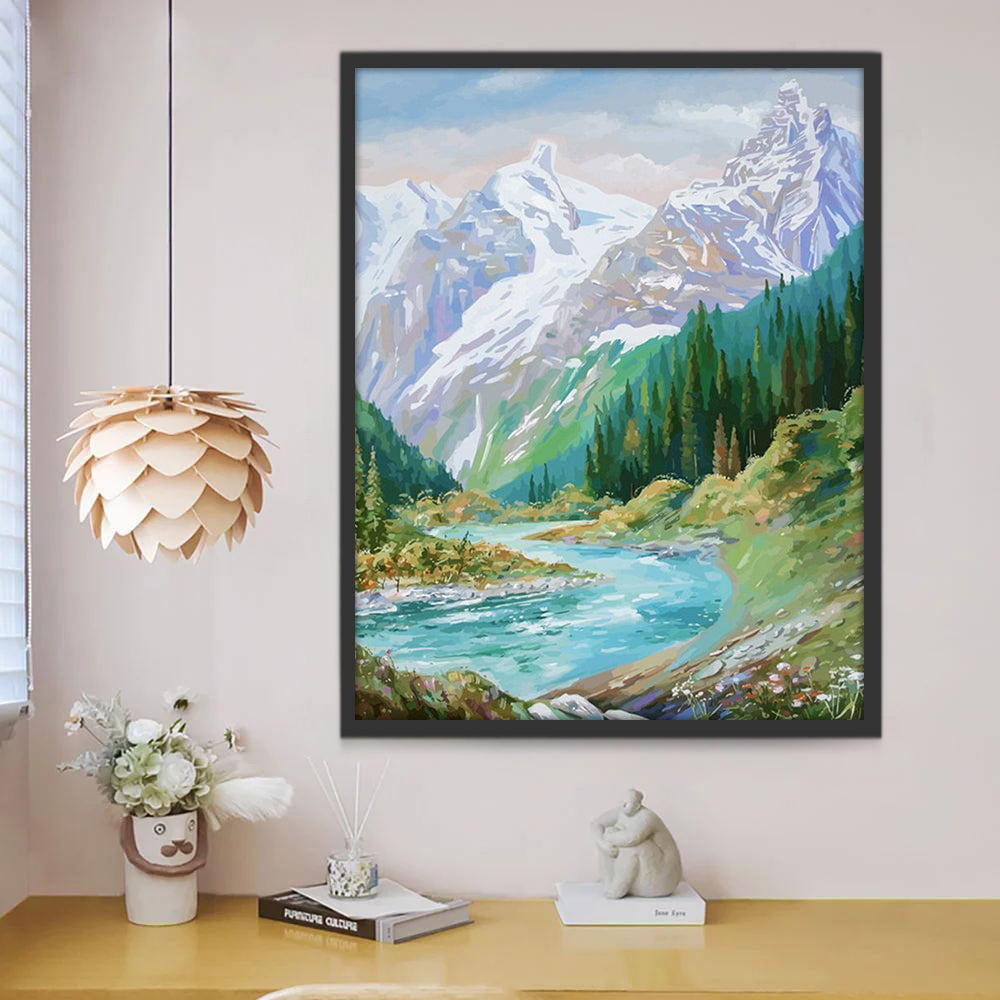 Río entre Montañas Nevadas y Bosque Pintar por Números
