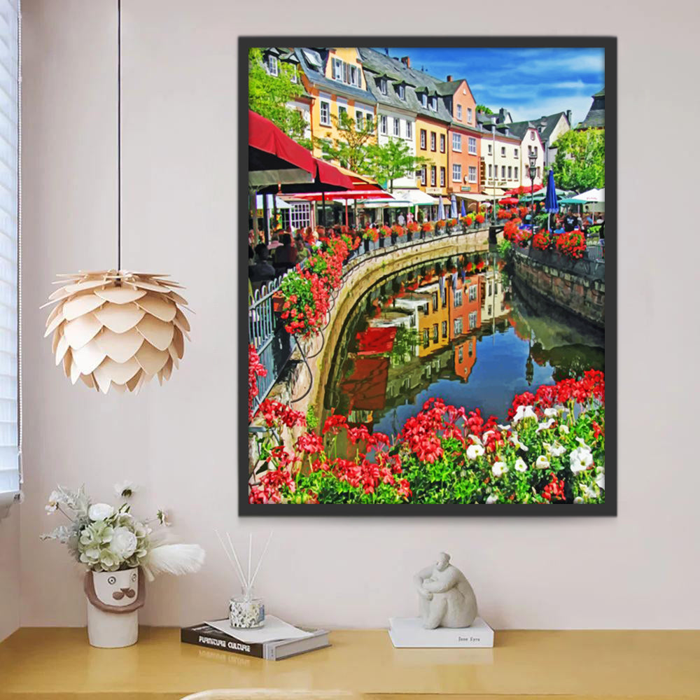 Río y Paseo con Flores Pintar por Números