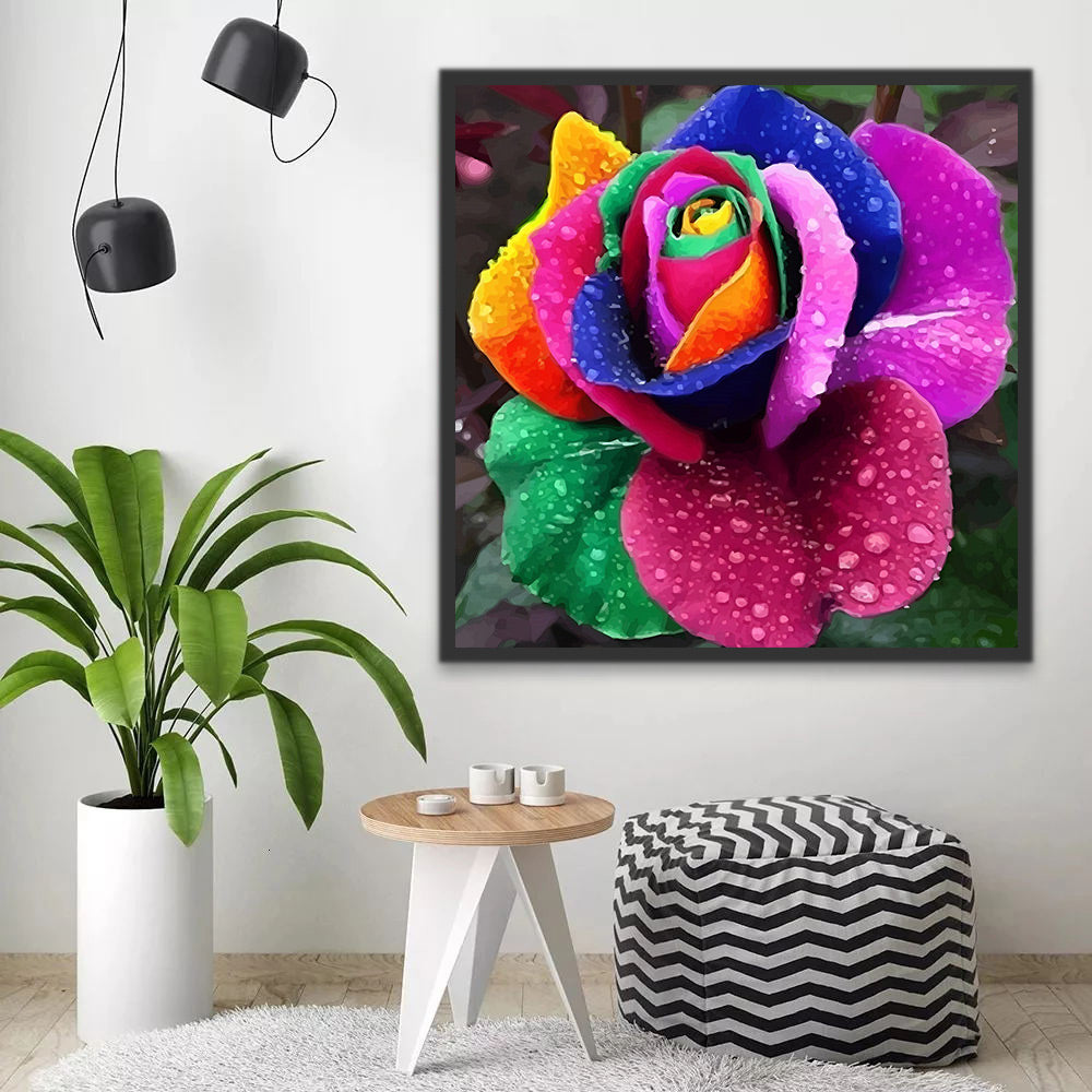 Rosa Arcoíris con Gotas de Agua Pintar por Números