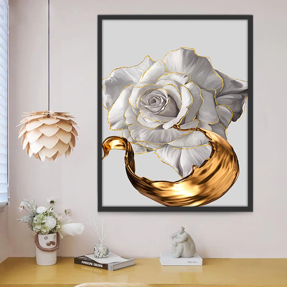 Rosa Blanca y Líquido Salpicado Dorado Pintar por Números