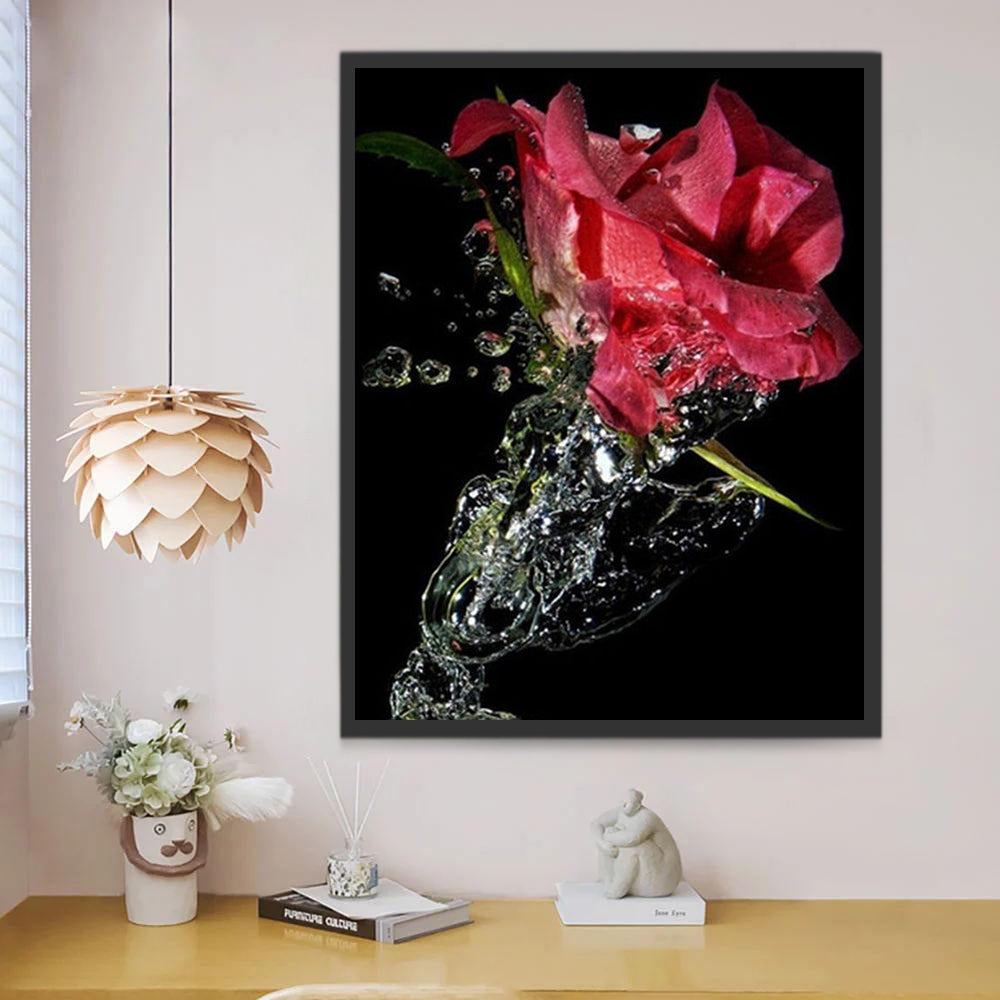 Rosa Roja con Agua Salpicada en el Fondo Negro Pintar por Números